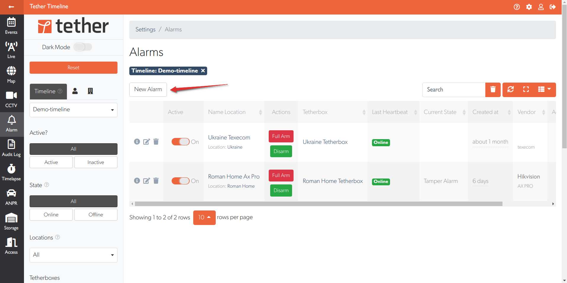 New Alarm button highlighted