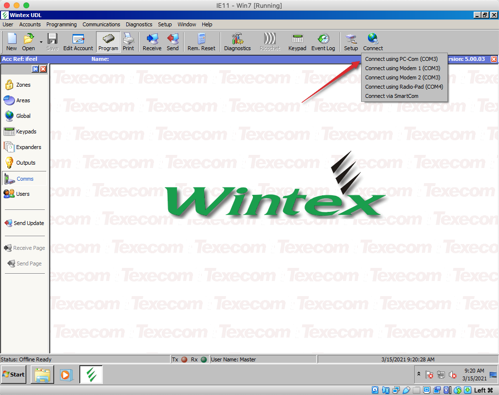 Wintex connect menu