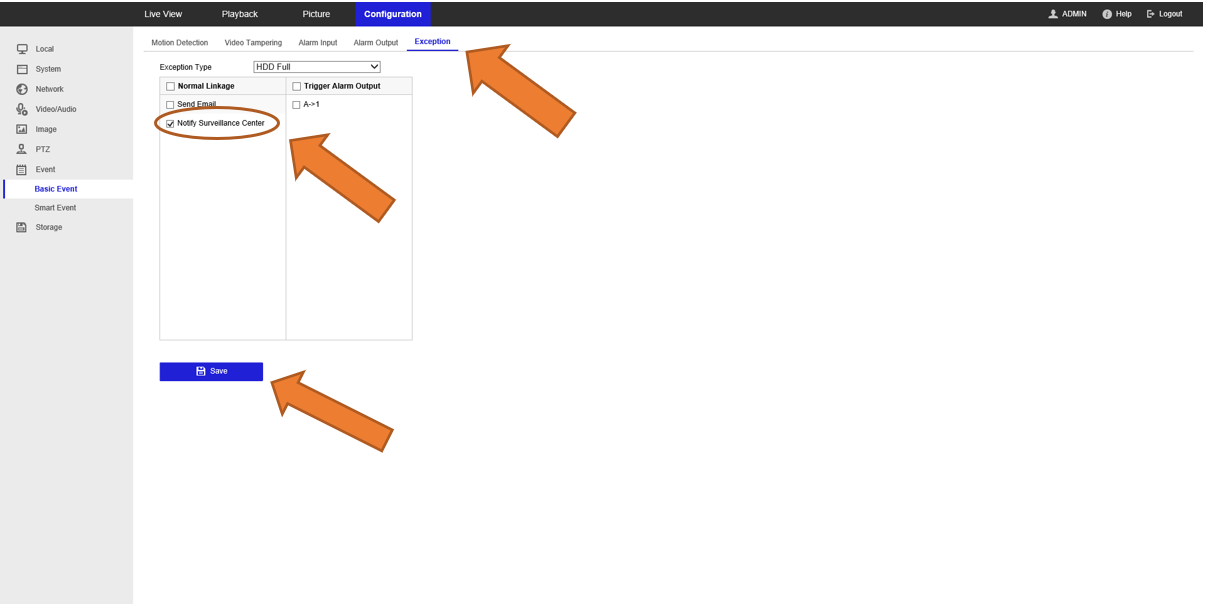 Exception settings with Notify Surveillance Center enabled